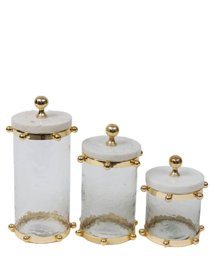 Large Hammered Glass Canisters with Gold Design and Marble Lid – Classic  Touch Decor
