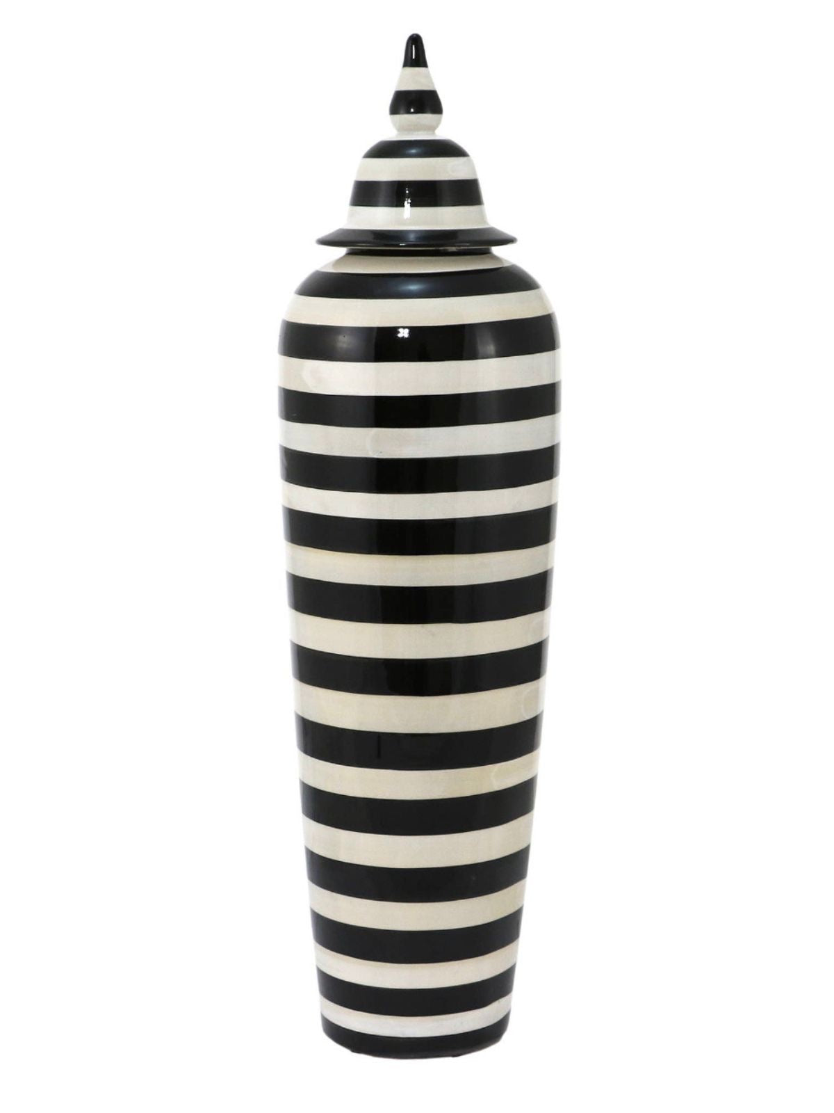 24 inch Tall Black and White Striped Ceramic Jar with removable lid, sold by KYA Home Decor. 