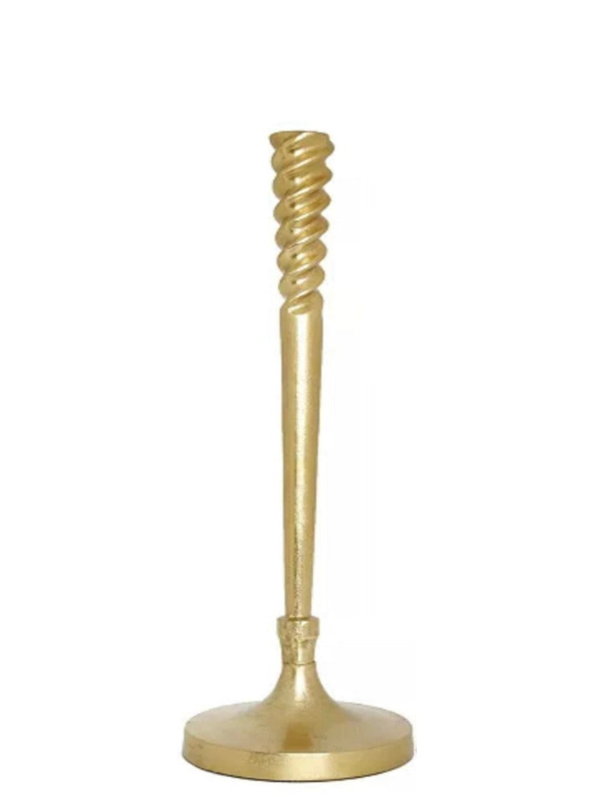 This 19H Gold Stainless Steel Candlestick Holder Has A Spiral Design On Top. Sold by KYA Home Decor.