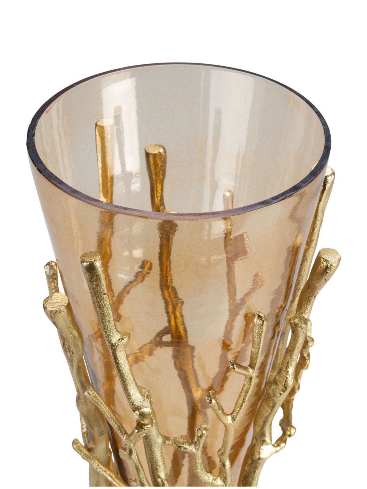 27H golden floral vase decorative centerpiece featuring a gold tree branch metal base with a glass vase insert. 