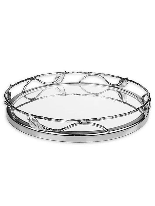 Round Decorative Mirror Tray with Silver Leaf Design, 12D.