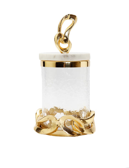 The Catena D’ Oro Glass Canisters has a beautiful gold chain design nestled at the bottom and top with a Marble Lid  available in Size Small from KYA Home Decor