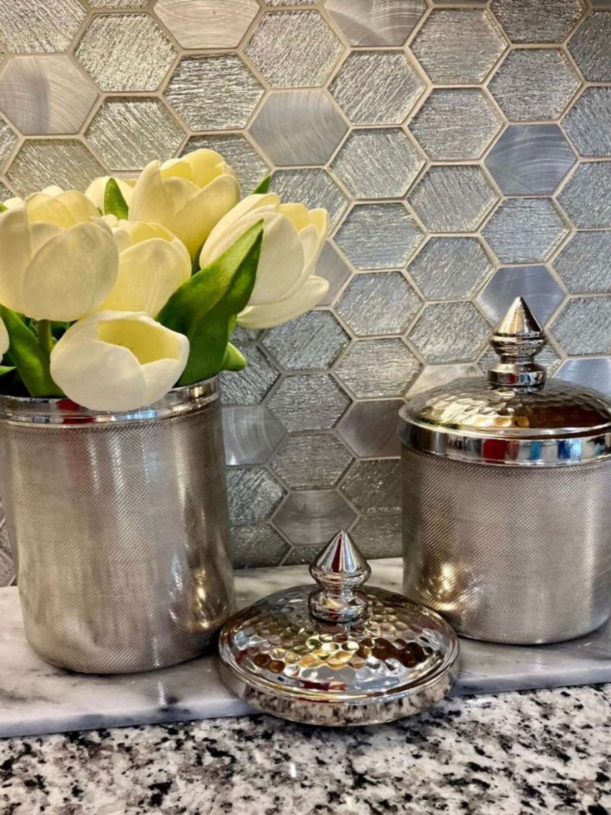 Set of 2 Silver Metal Decorative Canister with hammered mesh design - KYA Home Decor.