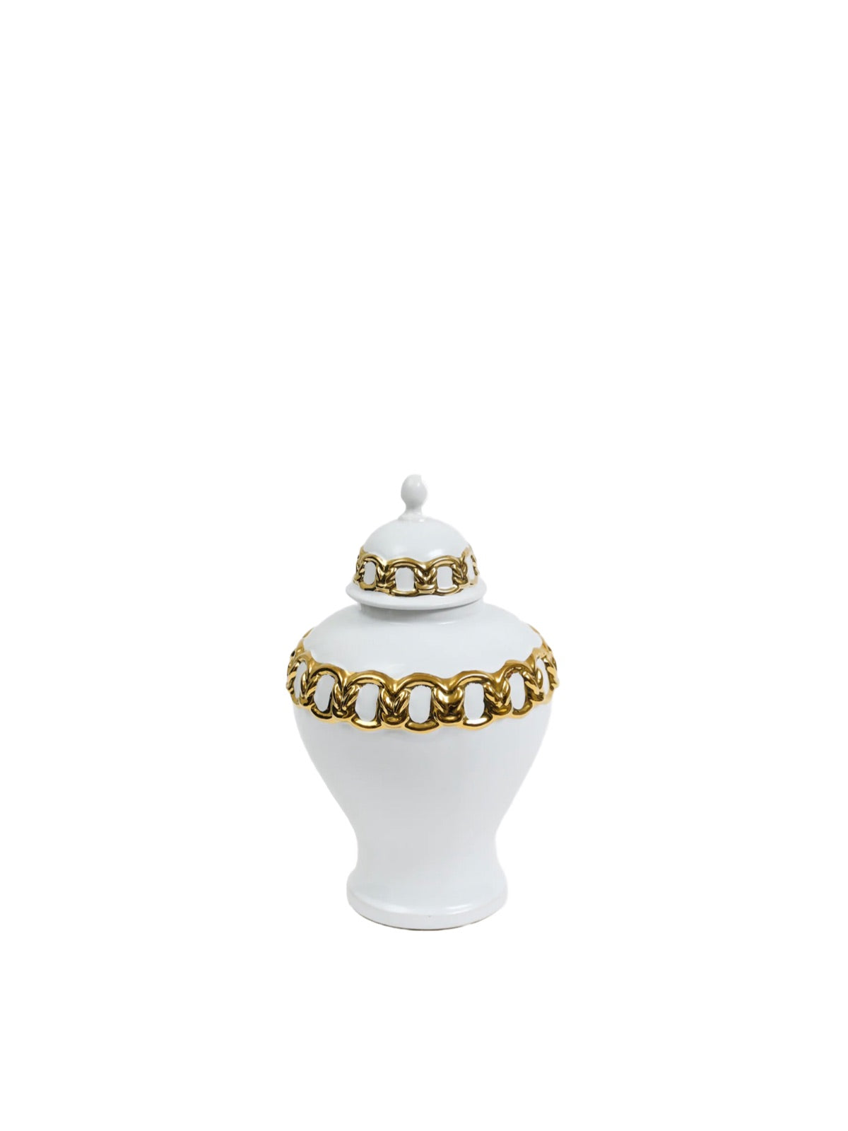 14H White Ceramic Ginger Jar with Gold Chain Details and removable lid. Sold by KYA Home Decor.