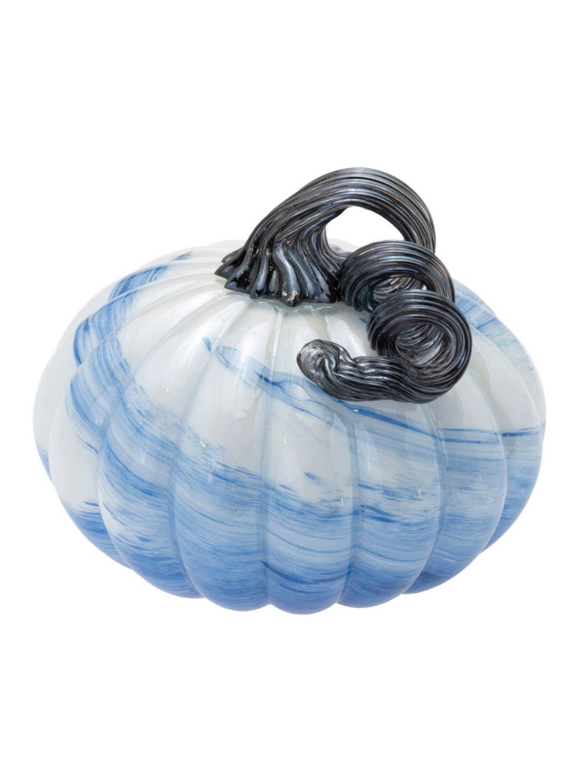 Add elegance to your fall decor with these gorgeous handcrafted glass pumpkins. This classic seasonal accent has a white and blue swirl color with a grey stem! A pretty pumpkin palette for your fall dining and decor.