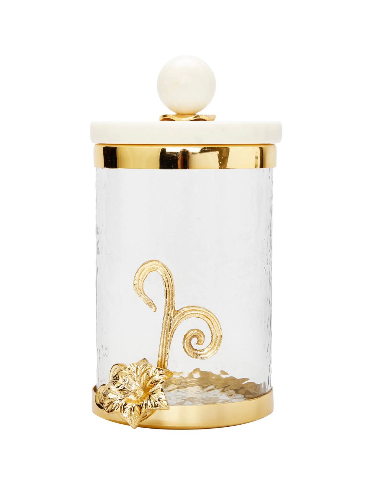 8.5H Luxury Kitchen Glass Canister with Stunning Gold Flower Design and Marble Lid - KYA Home Decor.