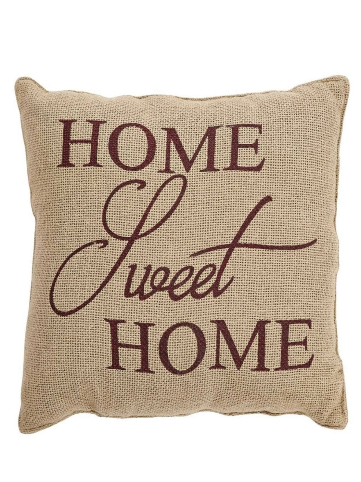 This cozy decorative pillow adds a touch of personal sentiment with a stencil that reads Home Sweet Home. Our soft cotton natural shade burlap provides the perfect background for the burgundy stencil quote. 