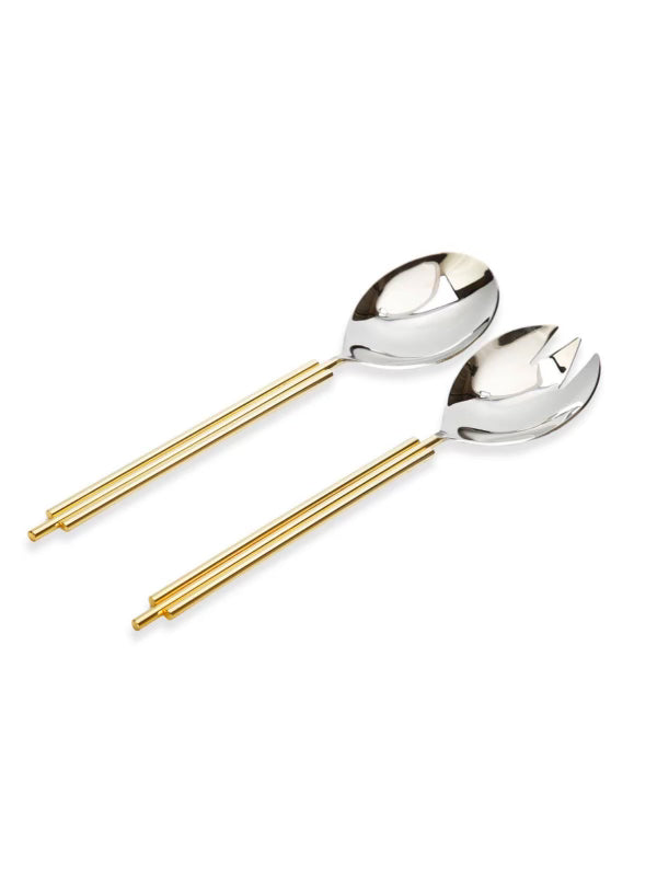 This set of 2 gold symmetrical design salad severs features a lustrous stainless steel finish and finely lined design. Measures 12in L. Sold by KYA Home Decor