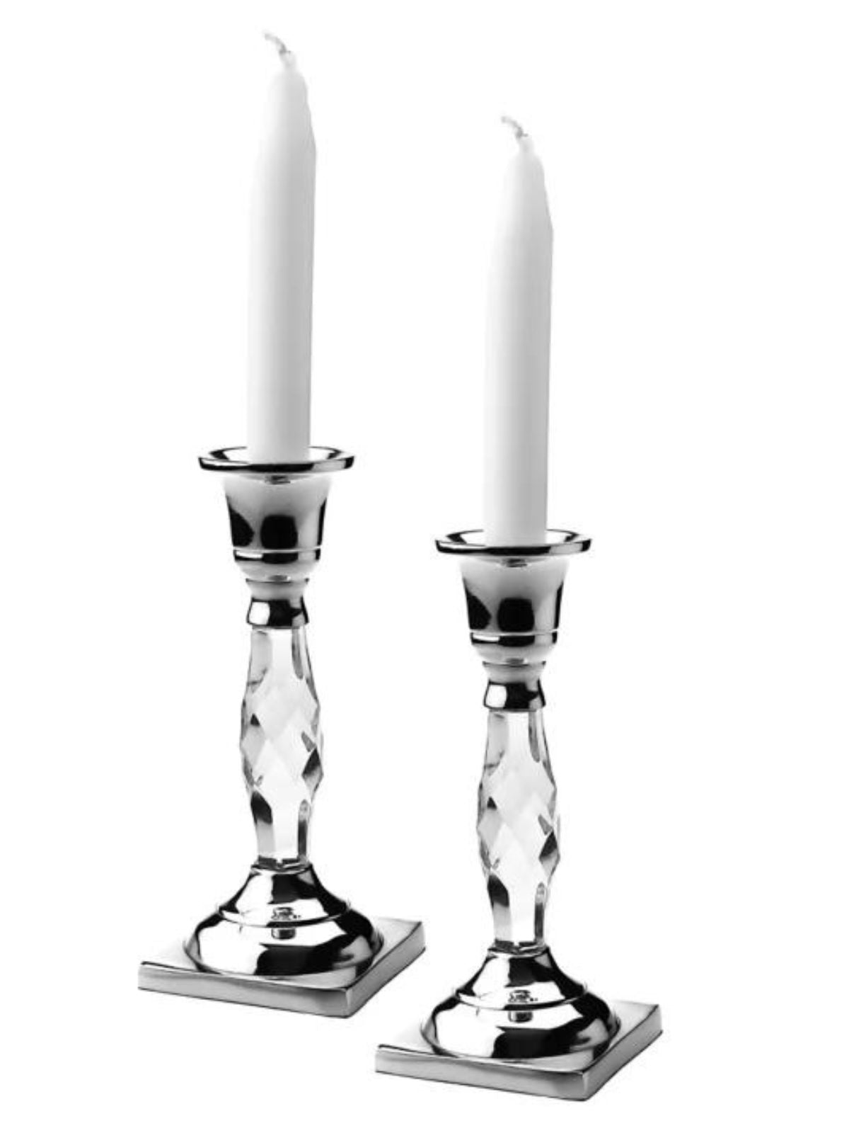 Set of 2 6.5H Luxury Glass Candle Holders With Lustrous Silver Metal Base - KYA Home Decor.