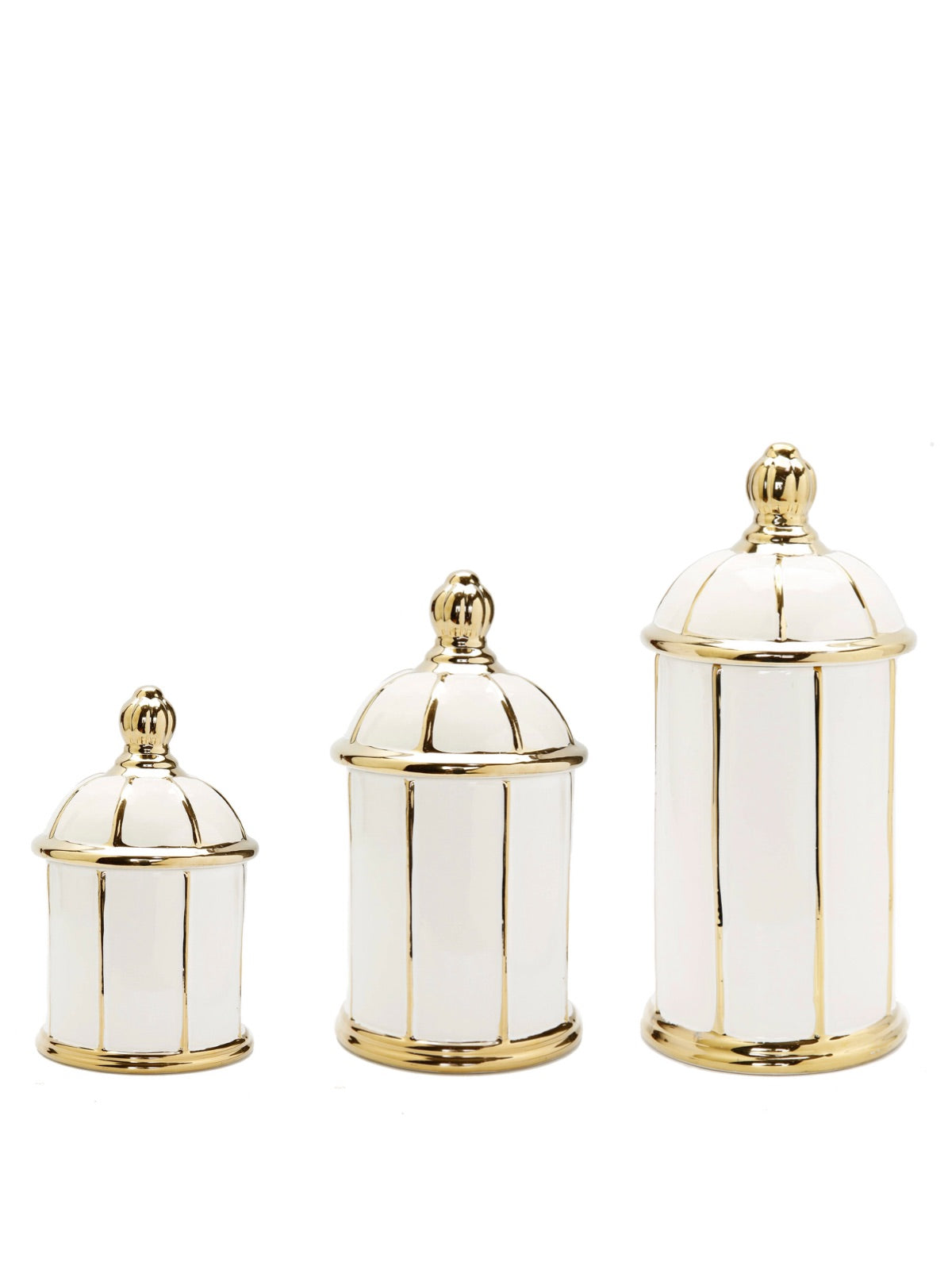 White and gold striped ceramic kitchen jars with dome design lid, available in 3 Sizes - KYA Home Decor.
