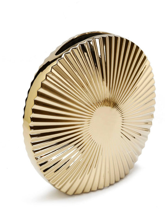 12H Gold Porcelain Round Decorative Vase with Luxury Ridge Design - KYA Home Decor.