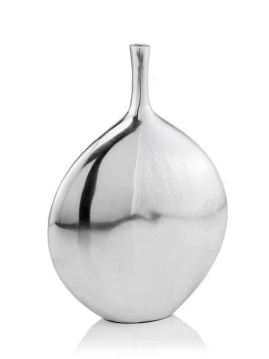 Silver Round Metallic Designer Vase with Narrow Long Neck - Small