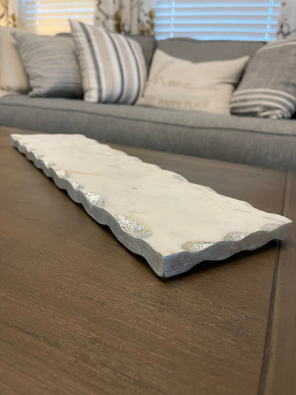 18L x 5W Oblong Marble Decorative Tray with Silver Metallic Edge Sold by KYA Home Decor.