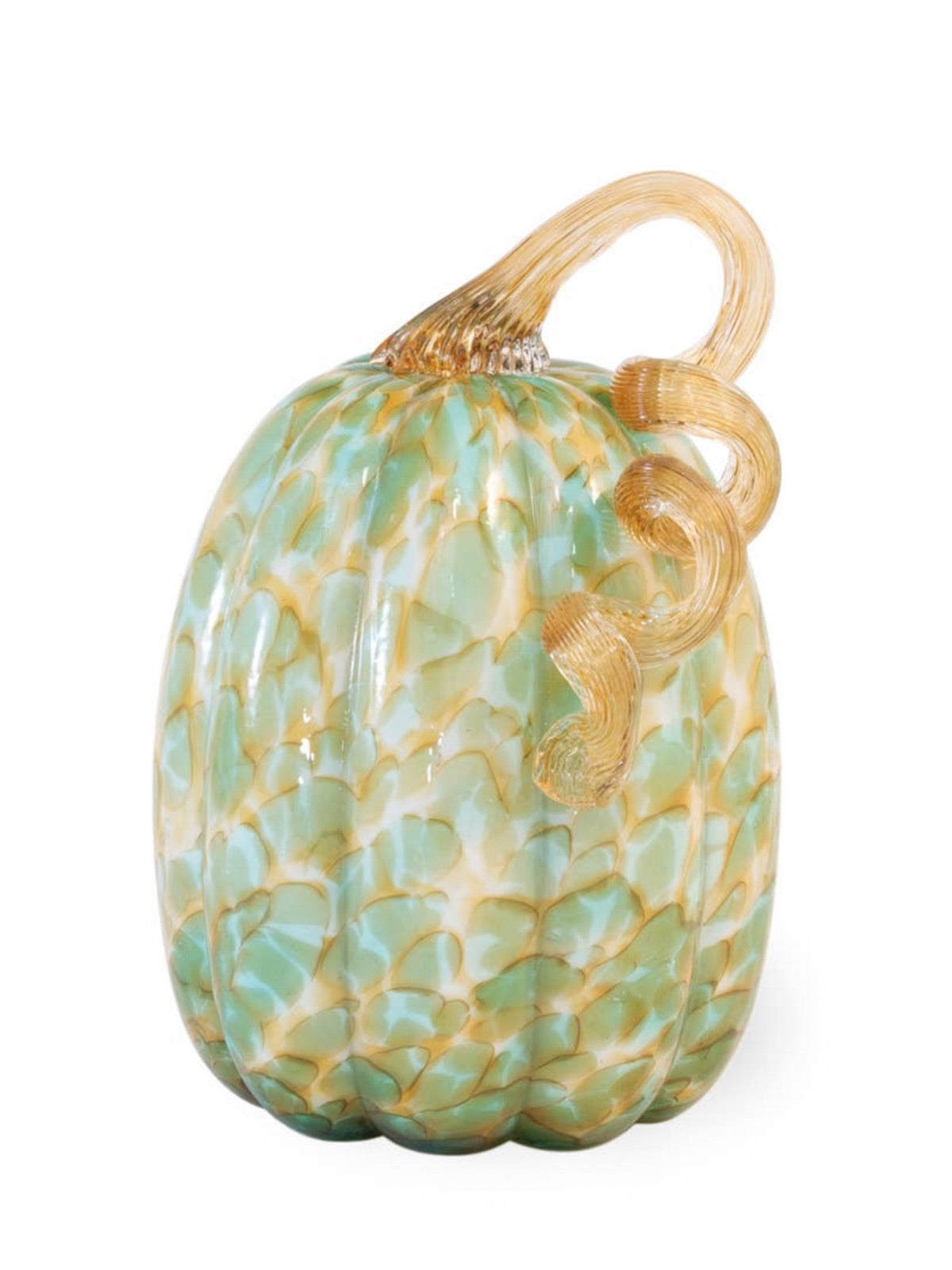 This Tall Gold & Green Glass Pumpkin is perfect for decorating your home during fall season! This hand-blown glass pumpkin features an abstract seafoam green and gold pattern with a curly gold stem. 
