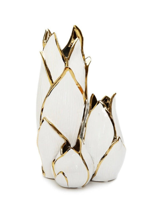 Luxury White and Gold Petal Designed Cluster Decorative Vase With 3 Openings - KYA Home Decor