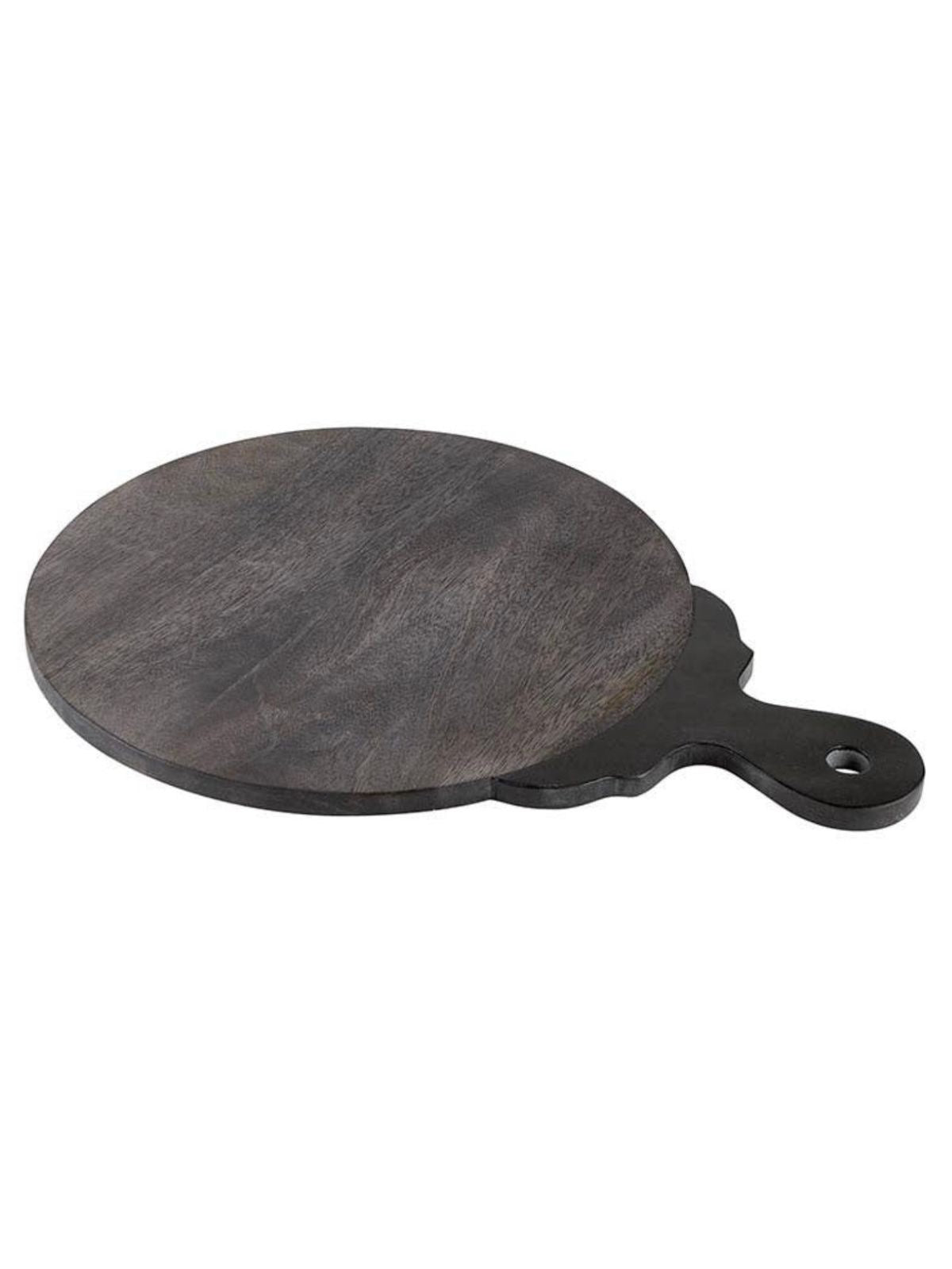 Round Dark Wash Natural Wood Charcuterie Cheese Board with Black Carved Marble Handle.