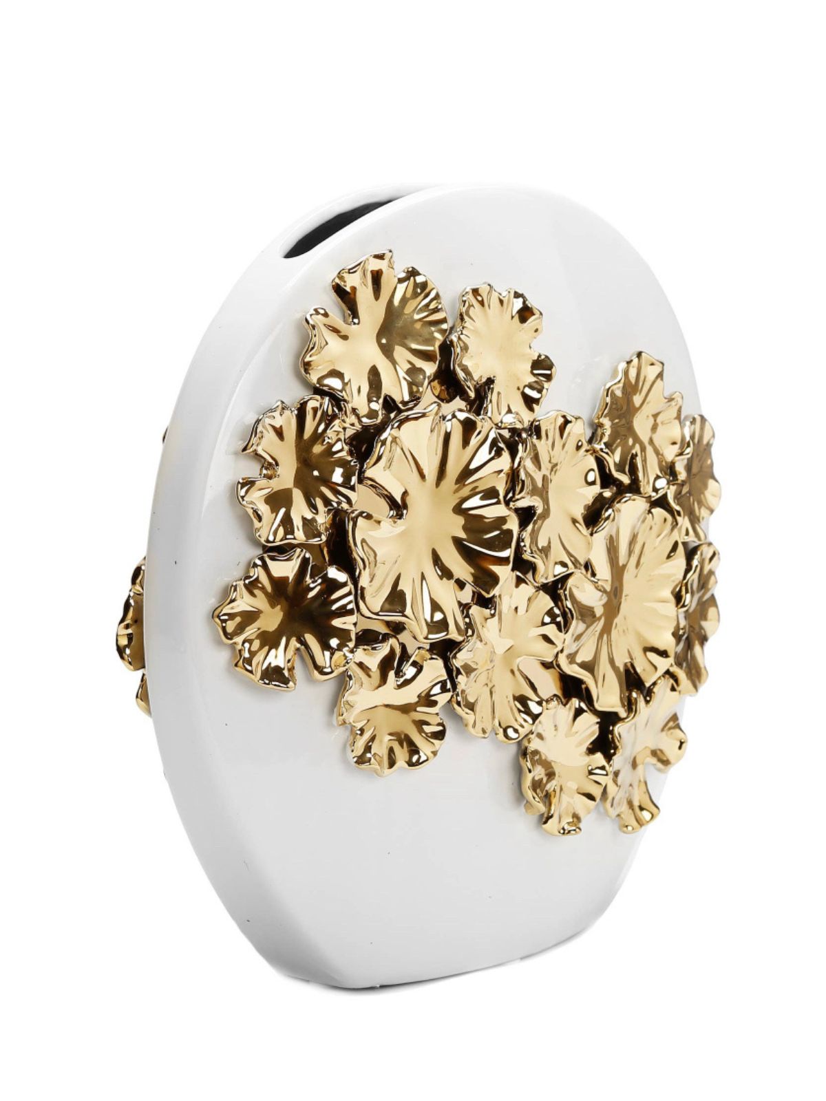 12D White Round Ceramic Decorative Vase with Luxury Gold Flower Petals - KYA Home Decor