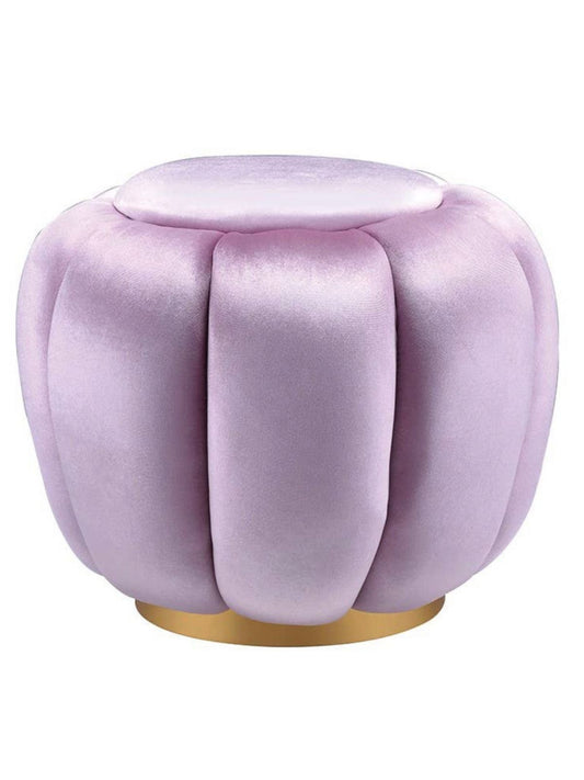 This Heiress ottoman is fully padded with sapphire bubblegum pink velvet & has a metal round base in a gold finish. This design will go well with any home décor.