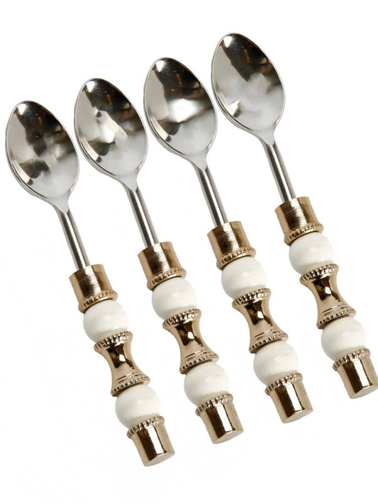 Set of 4 Stainless Steel Dessert Spoons with Gold and White Pearl Designed Handles.