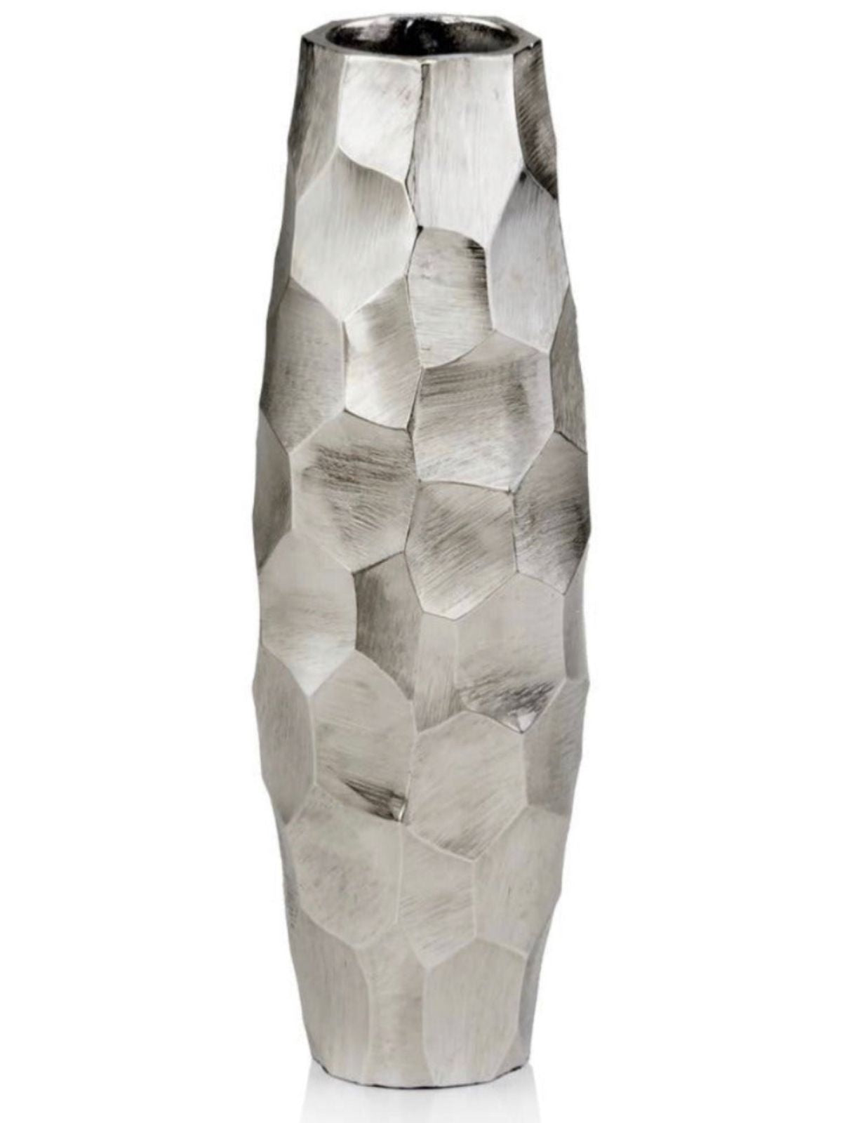 This gorgeous faceted vase is fashioned from aluminum with an elegant rough silver finish. Lavish your space by pairing this accent piece with others from this collection