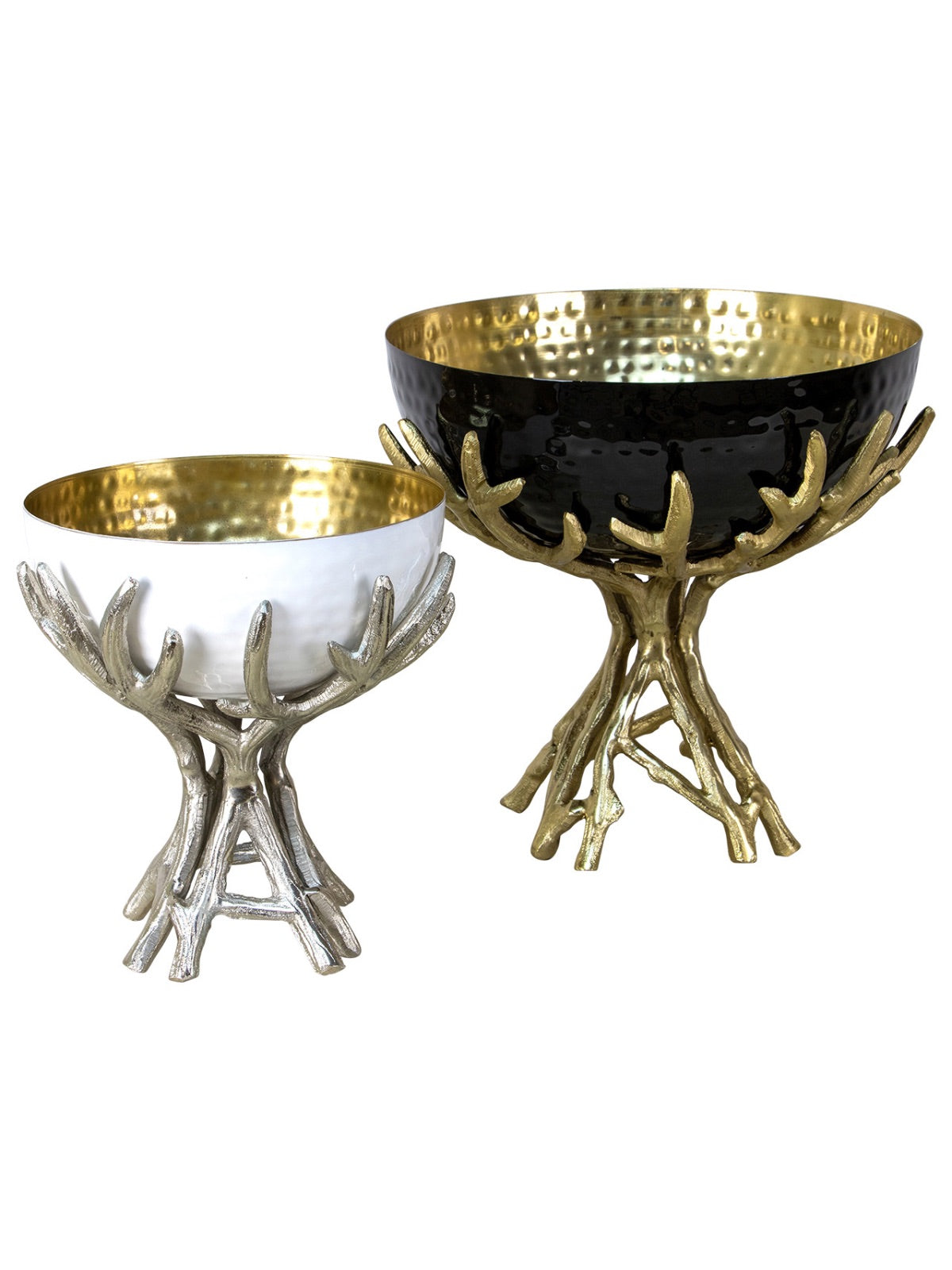 Decorative bowl with gold interior sitting on a stunning stainless steel branch stand Available in 2 colors.