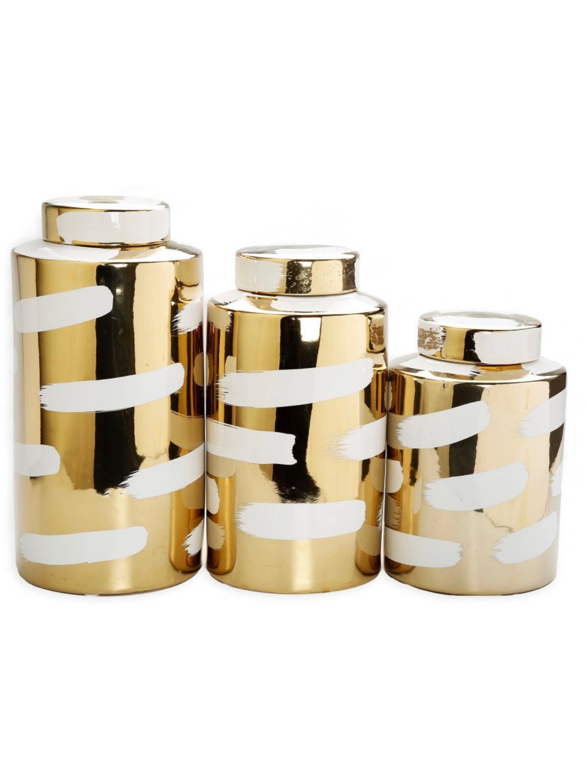 This ceramic decorative jar has a crisp white brushstroke design on the glossy gold finish.