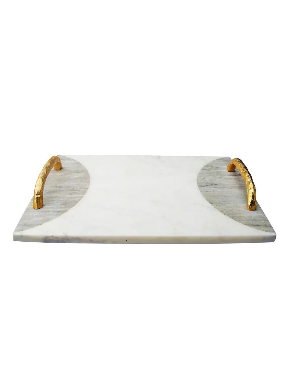 16L Two Tone White and Grey Marble Tray with Gold Bamboo Handles - KYA Home Decor