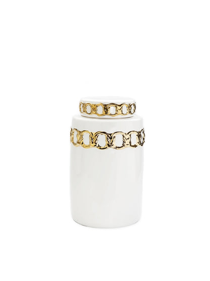 Medium White Ceramic Kitchen Jar with Luxury Gold Chain Details - KYA Home Decor