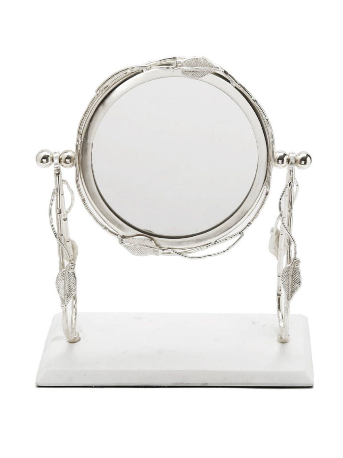 Round Table Mirror with Silver Leaf Design on Marble Base sold by KYA Home Decor.