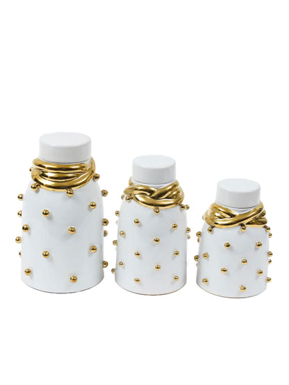 White Ceramic Lidded Jar With Gold Studded Details, Available in 3 Sizes.