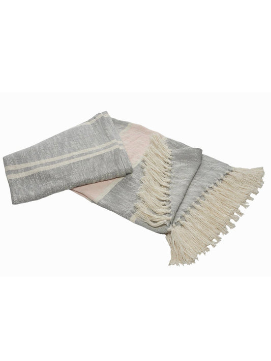 Touch of Blush Striped 100% Cotton Throw Blanket with Fringe, 50W x 60L. 