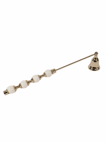 12.5L white and gold metal candle snuffer with ceramic beaded handle. Sold by KYA Home Decor.