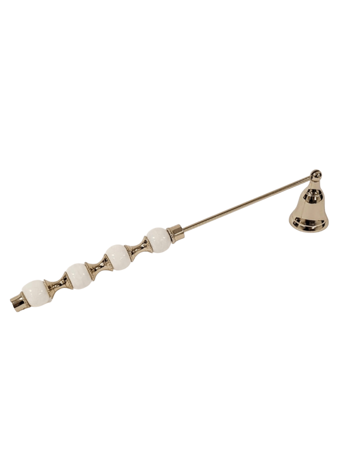 12.5L white and gold metal candle snuffer with ceramic beaded handle. Sold by KYA Home Decor.