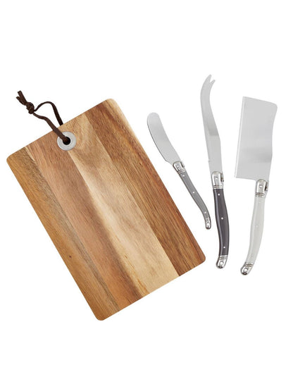 This acacia wood cheese board comes with three assorted stainless steel cheese knives including, a cleaver knife, a soft cheese knife, and a spreader. Perfect to display your favorite snacks at any gathering sold by KYA Home Decor