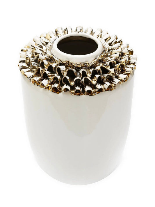 10H White Ceramic Decorative Vase With Luxurious Gold and White Ruffled Petals - KYA Home Decor