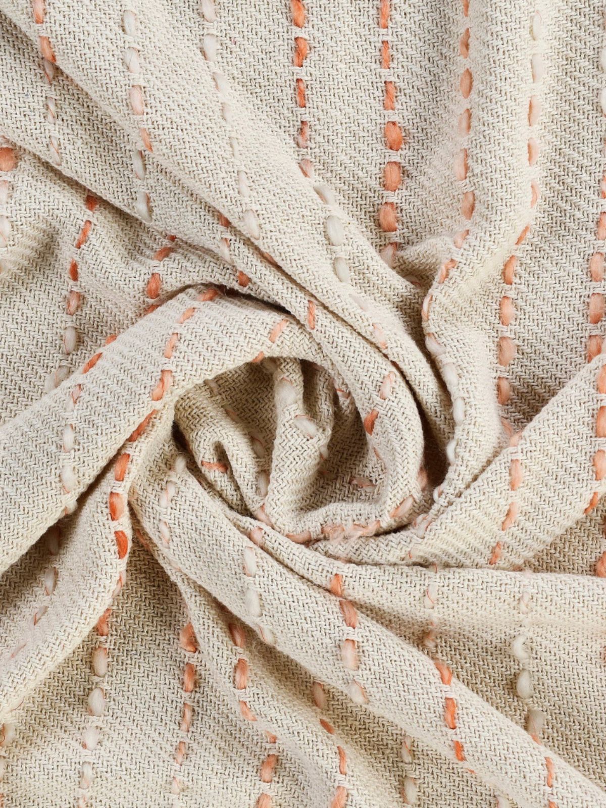 Peach Stripe Woven Cotton Throw Blanket with Fringe Folded, 50W x 60L. 