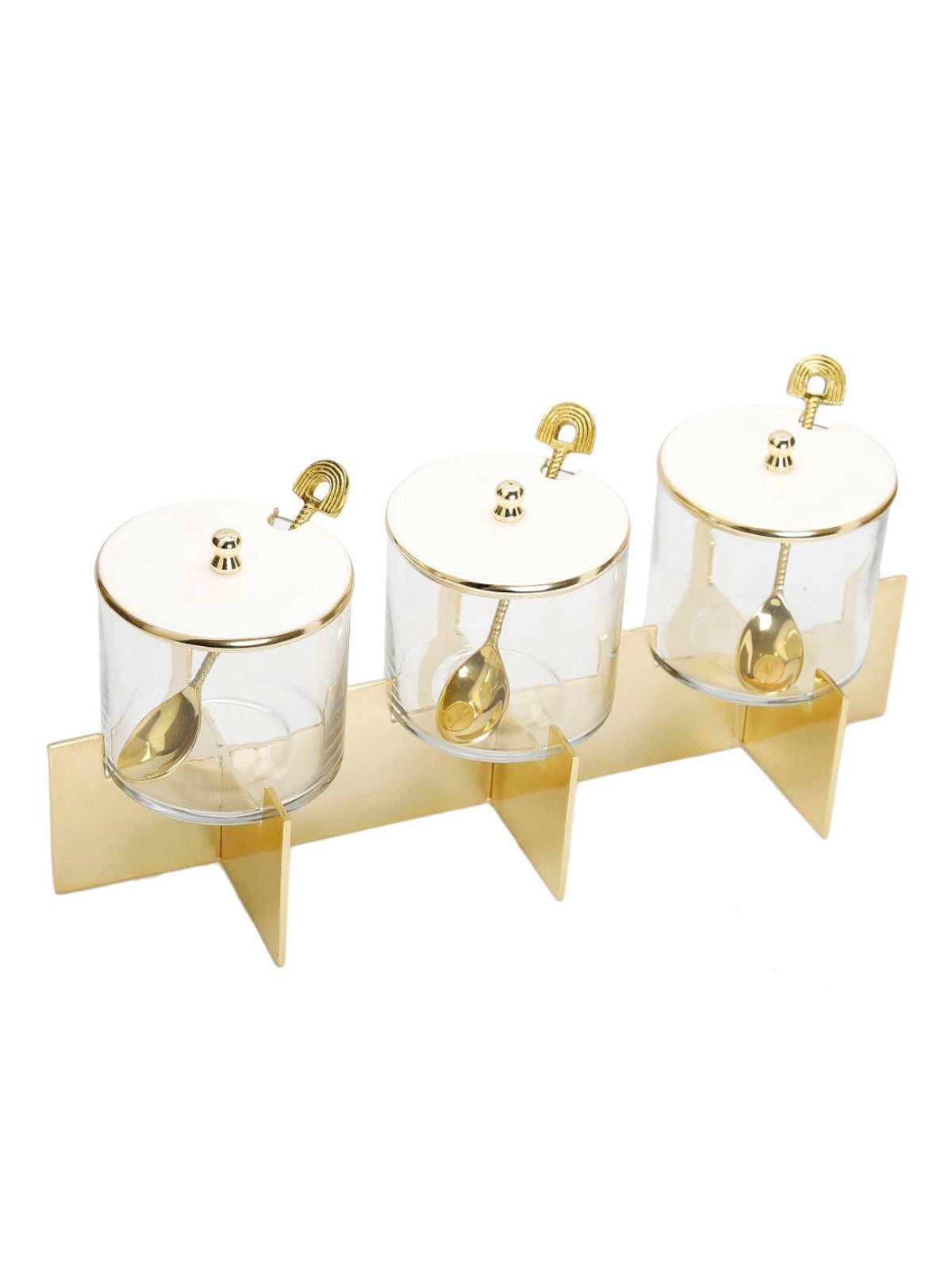 Glass Canister Set on Stainless Steel Gold Block Base with White Marble Lid and 3 Gold Spoons.