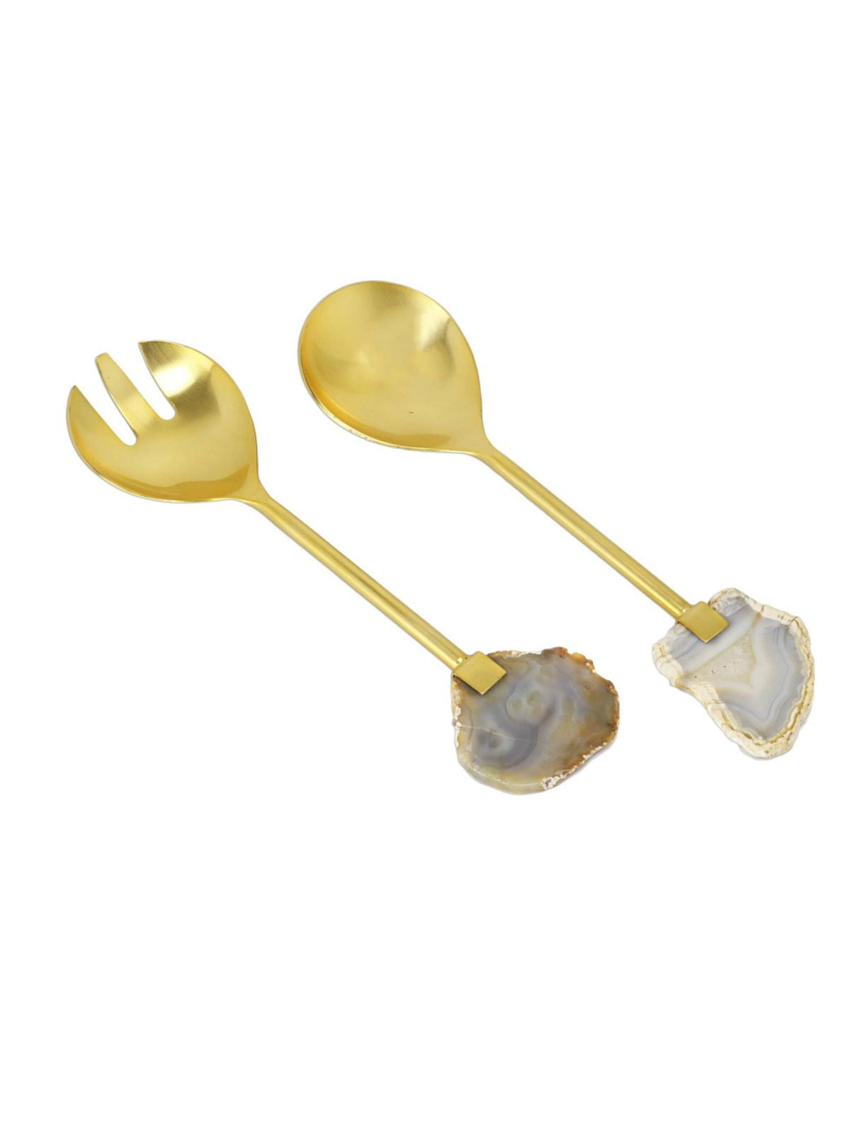 This 2-Piece 18/10 Stainless Steel Salad Serving Set will add sophistication and elegance to any occasion with a golden finish and natural agate stones at the ends for flair. Sold by KYA Home Decor