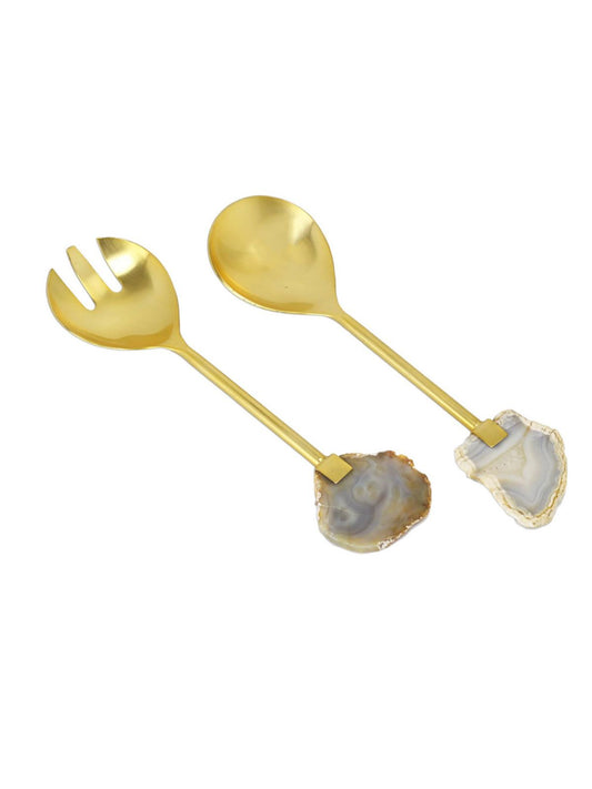This 2-Piece 18/10 Stainless Steel Salad Serving Set will add sophistication and elegance to any occasion with a golden finish and natural agate stones at the ends for flair. Sold by KYA Home Decor