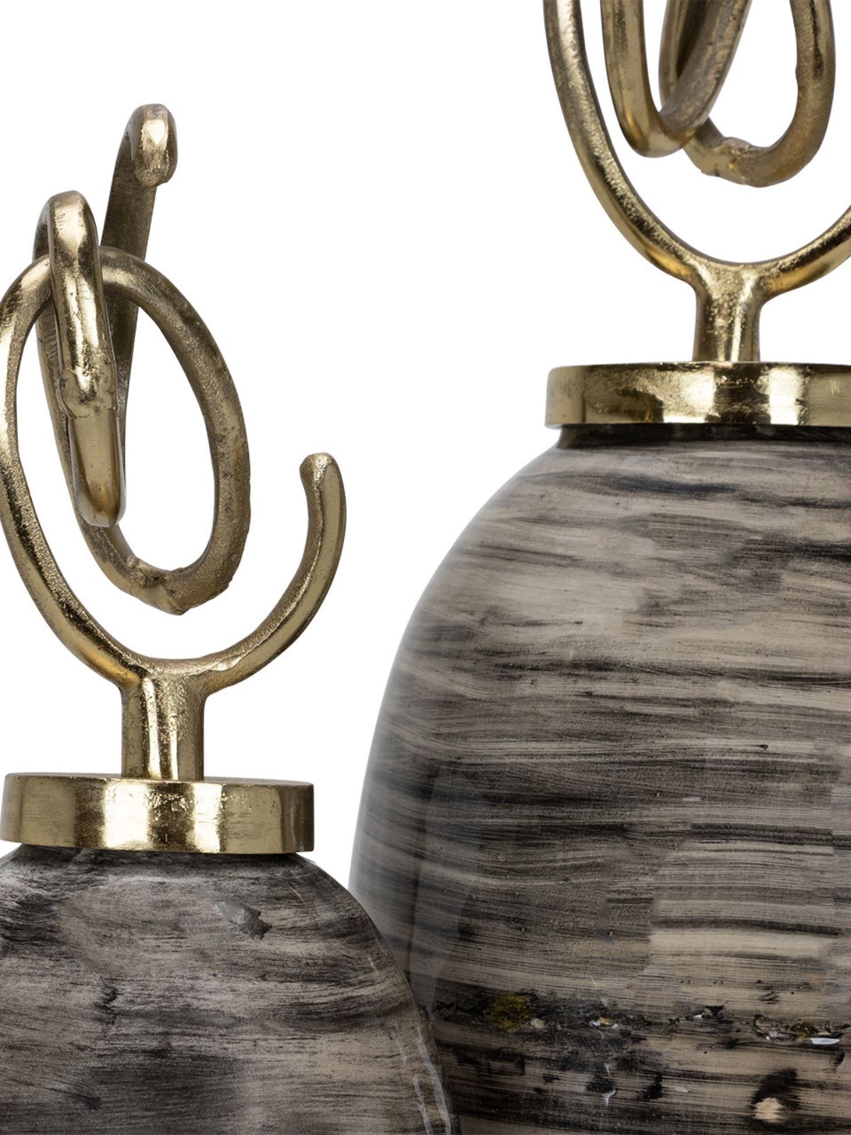 Set of 2 Trophy Ceramic With Marble Design Jars and Gold Metal Lid - KYA Home Decor. 