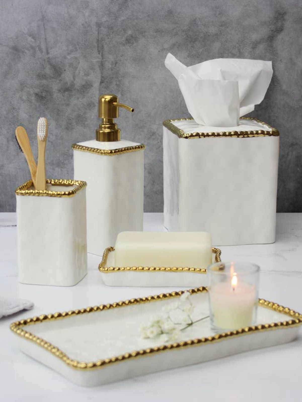 White Porcelain Soap Dish with Gold Beaded Edges, KYA Home Decor Luxurious Bathroom Collection.