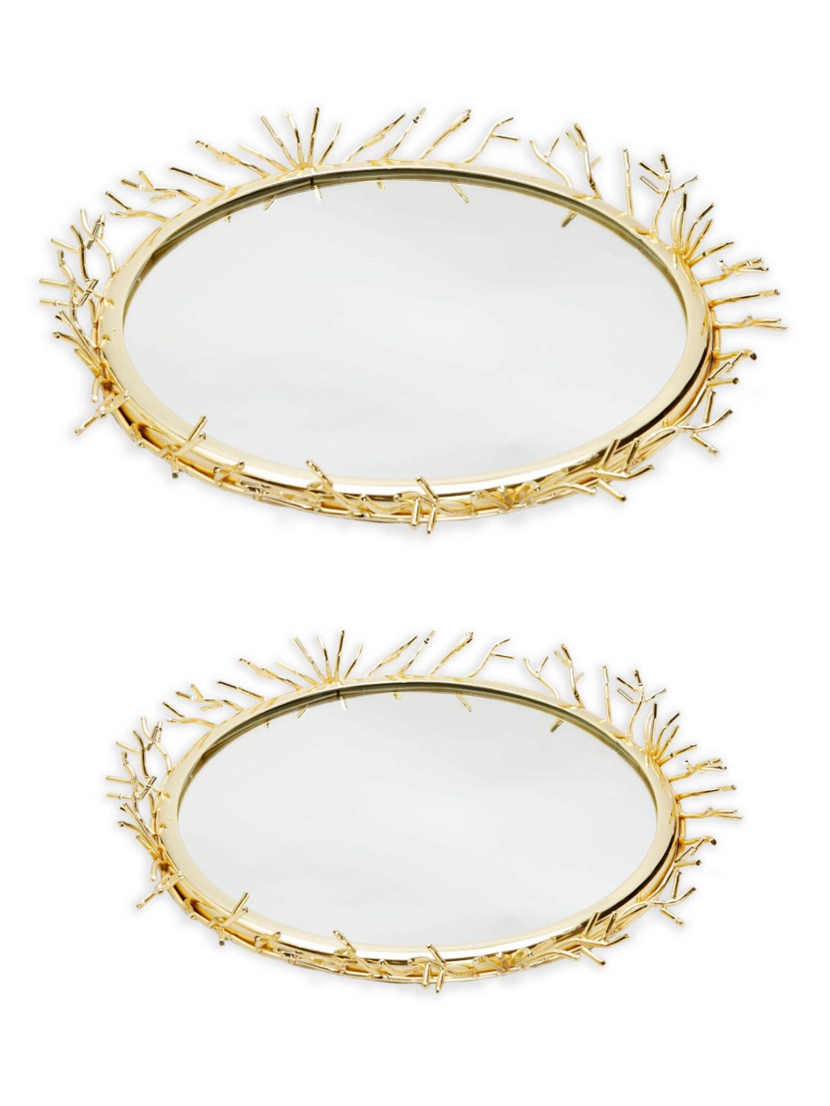 Round Decorative Mirror Tray with Stainless Steel Gold Twigs Design, available in 2 sizes.