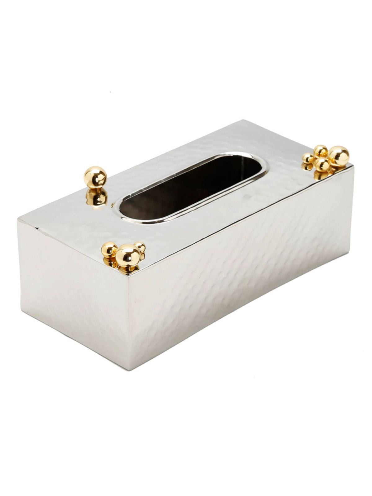 11L Luxury Silver Hammered Tissue Box with Gold Ball Design - KYA Home Decor