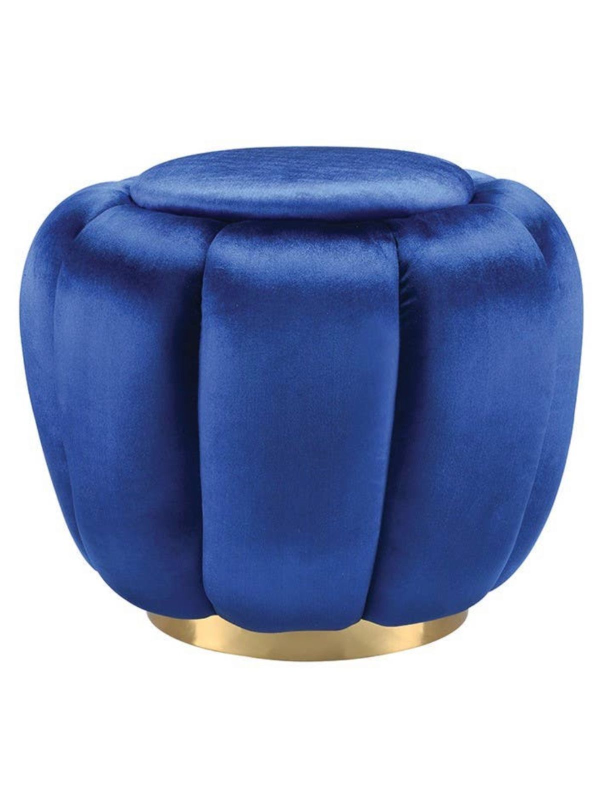 This Heiress ottoman is fully padded with sapphire blue velvet & has a metal round base in a gold finish. This design will go well with any home décor.