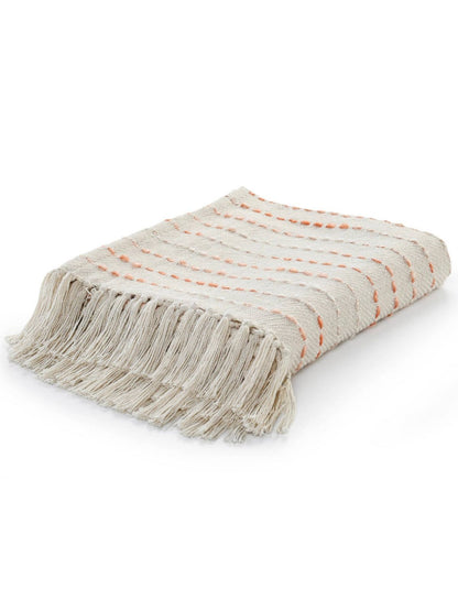 Peach Stripe Woven Cotton Throw Blanket with Fringe, 50W x 60L. 