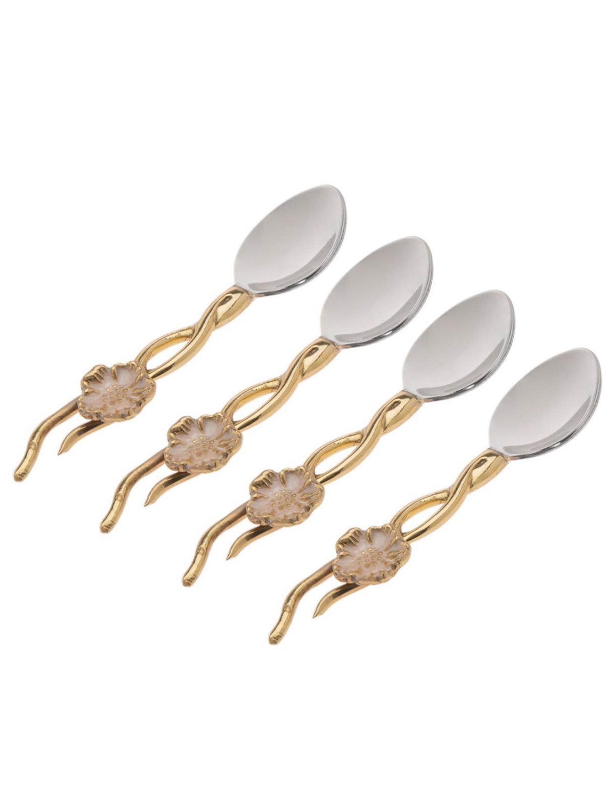Stainless Steel  Dessert Spoons Set with Gold Flower Designed Handles.