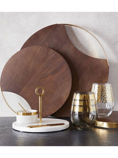 12D Round Mango Wood Serving Board with Brass Handle, Available in Different Styles.