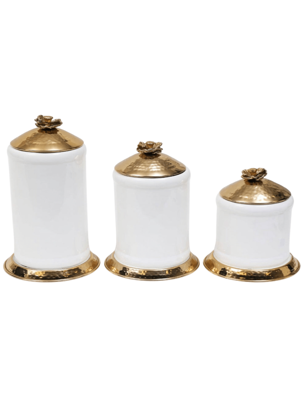 Luxury white ceramic canisters with gold base and gold hammered lid with floral details, 3 Sizes - KYA Home Decor.