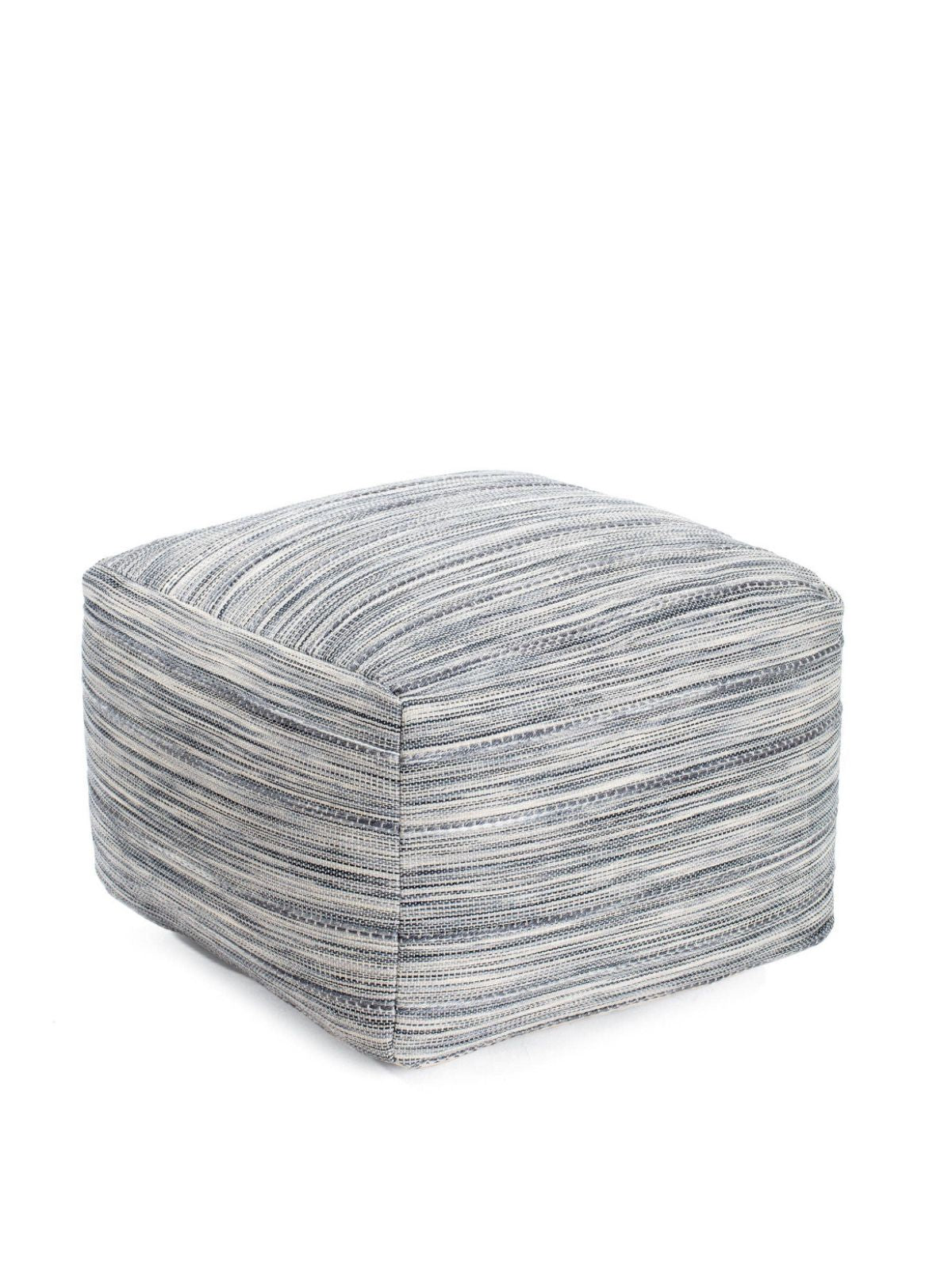 The Gioia Pouf In Grey/Blue is Upholstered in a fabric blend that is handcrafted by skilled weavers, 