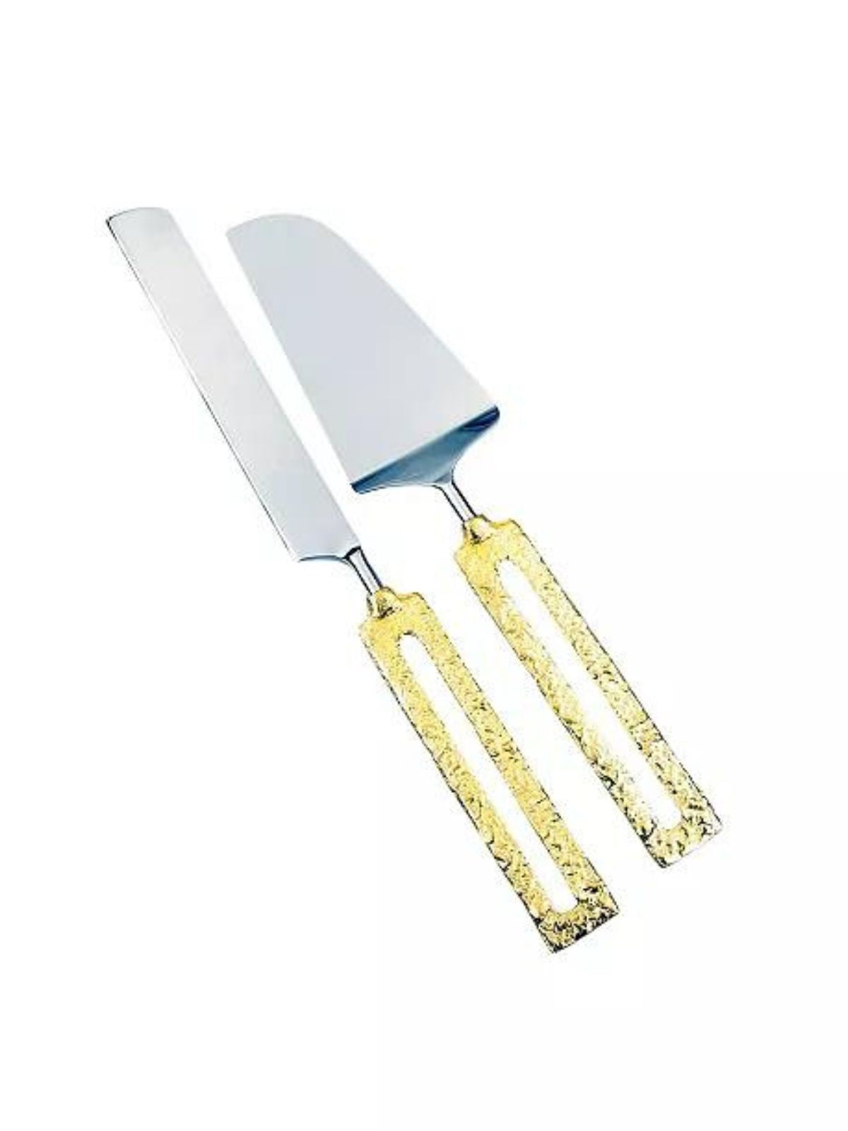 This hand-crafted cake server set features two-toned colors with a slight hammered gold square loop design measuring 11in Length.